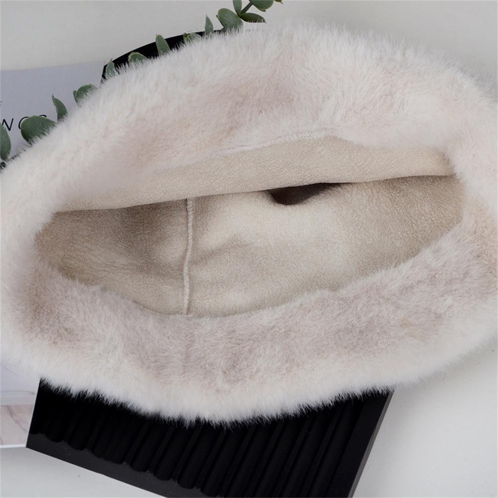 WHITE Faux Fur Fisherman Hats Antumn Winter Thickened Warm Bucket Hat Lady Outdoor Soft Snow Fur Cap Solid Wide Brim Caps