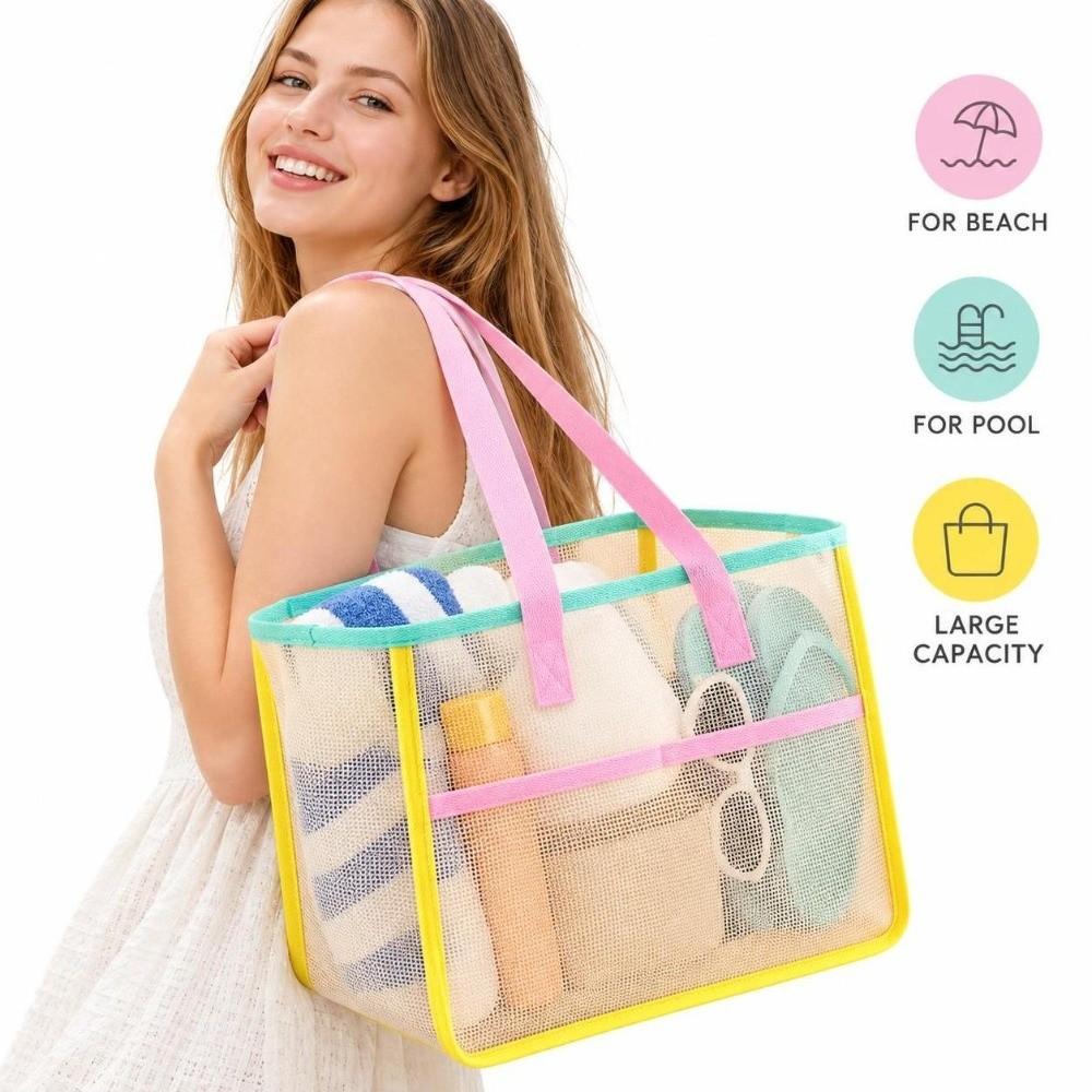 Mesh Beach Bag Foldable Tote Bag Portable Handbag For Women