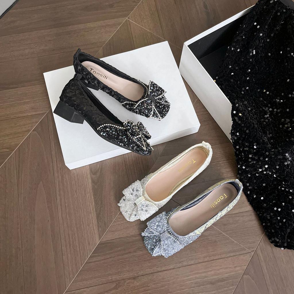 Square Head Temperament Celebrity Rhinestone Shoes Bow Women's Summer New Thick Heel with Skirt Single Shoes