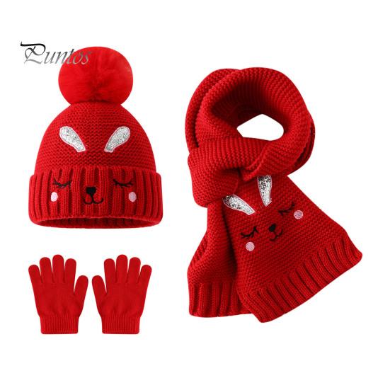 Warm Knitted Hat for Toddlers Winter Gloves Scarf Set Kids, Pompom Hat, Cute Essentials Bunny Embroidery, Cozy Boys Girls Ages 2 to 6 Outings