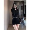 Black Slim-Fit Bodycon Dress with Fleece Lining - Semi-High Neck, Long-Sleeved, Perfect for Autumn and Winter