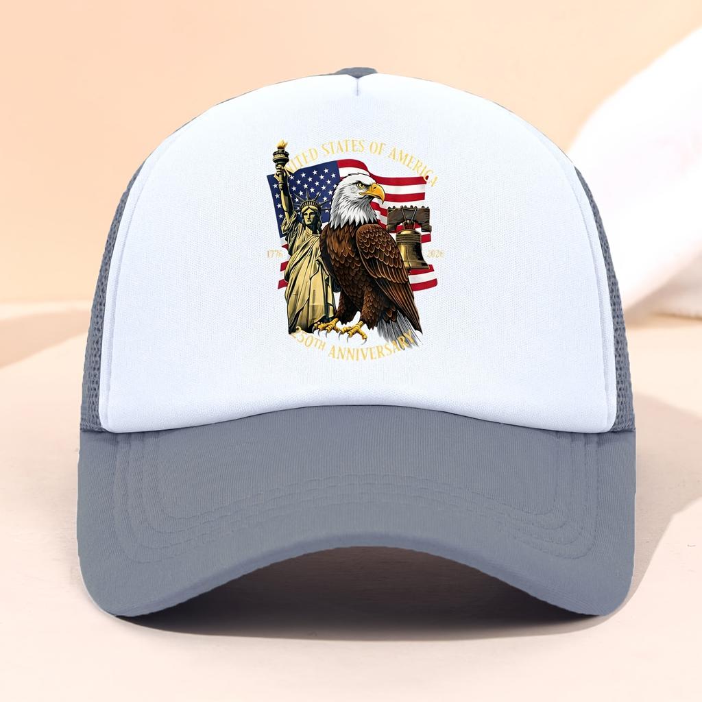 Th Anniversary Trucker Cap for USA Independence Day Featuring a Graphic of The Statue of Liberty And Eagle Flag Perfect