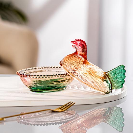 Chicken-Shaped Glass Candy Dish Hen on Nest Dessert Dish with Lid Funny Snack Bowl for Fruits Salads Home Table Decor