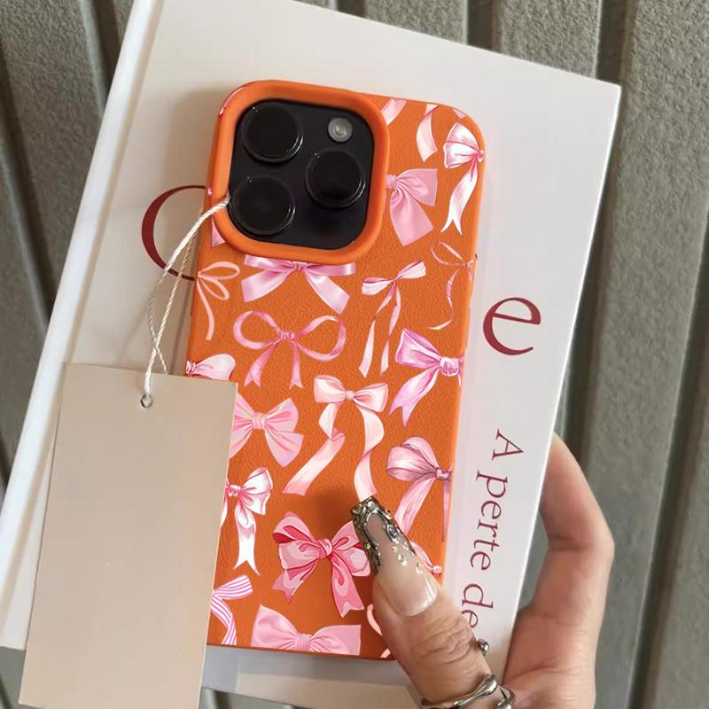 

Cute Pink Bow Pattern Lychee Texture Phone Case For iPhone 17 16 15 14 Plus 13 12 11 Pro Max 17Air X XR XS Shockproof Soft Cover iPhone XR