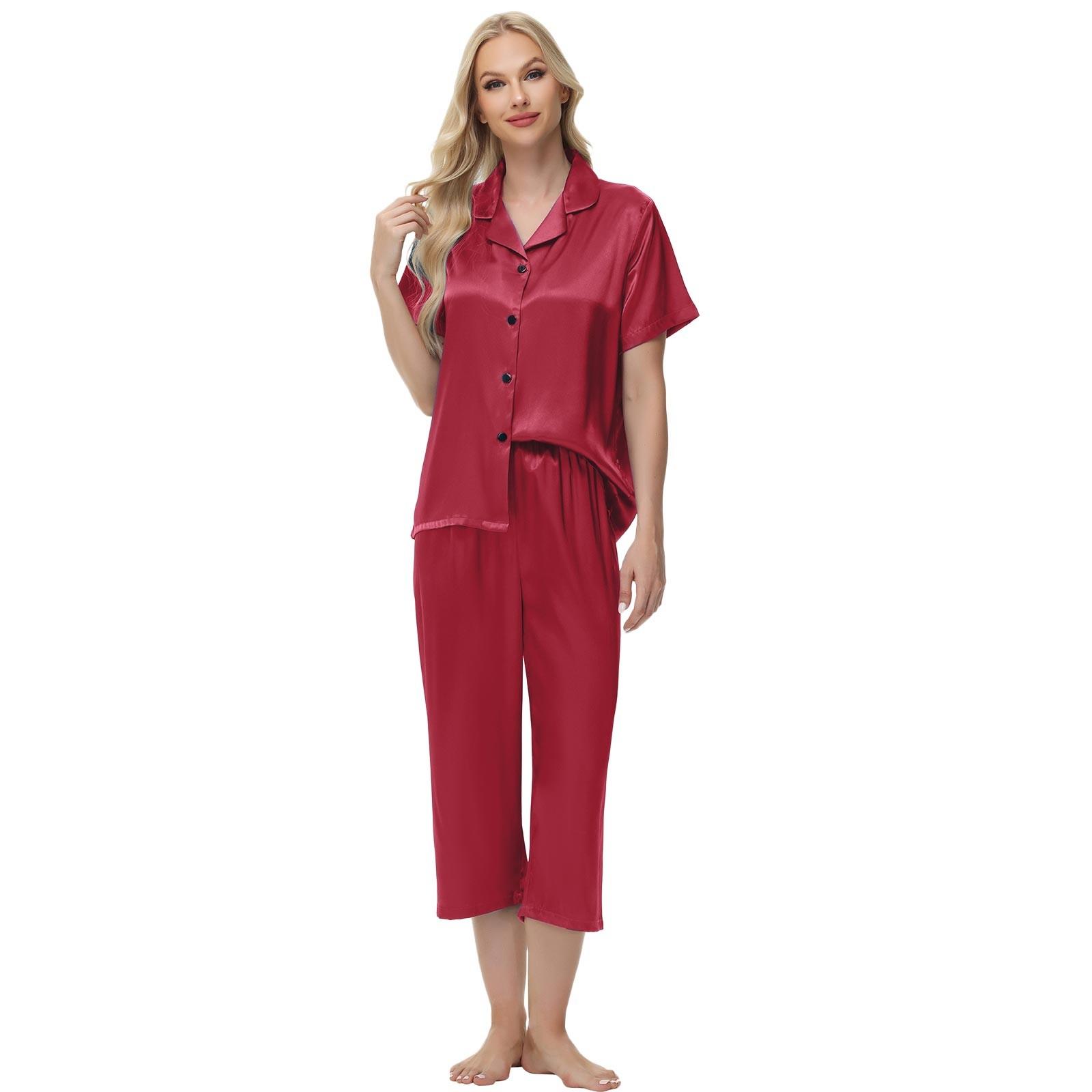 

Костюм из атласа Ice Silk с коротким рукавом, укороченные брюки, женская домашняя одежда XL винный