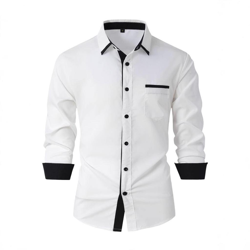 Men's Color Block Slim Fit Cotton Shirt - Long Sleeve, High-End Business Fashion