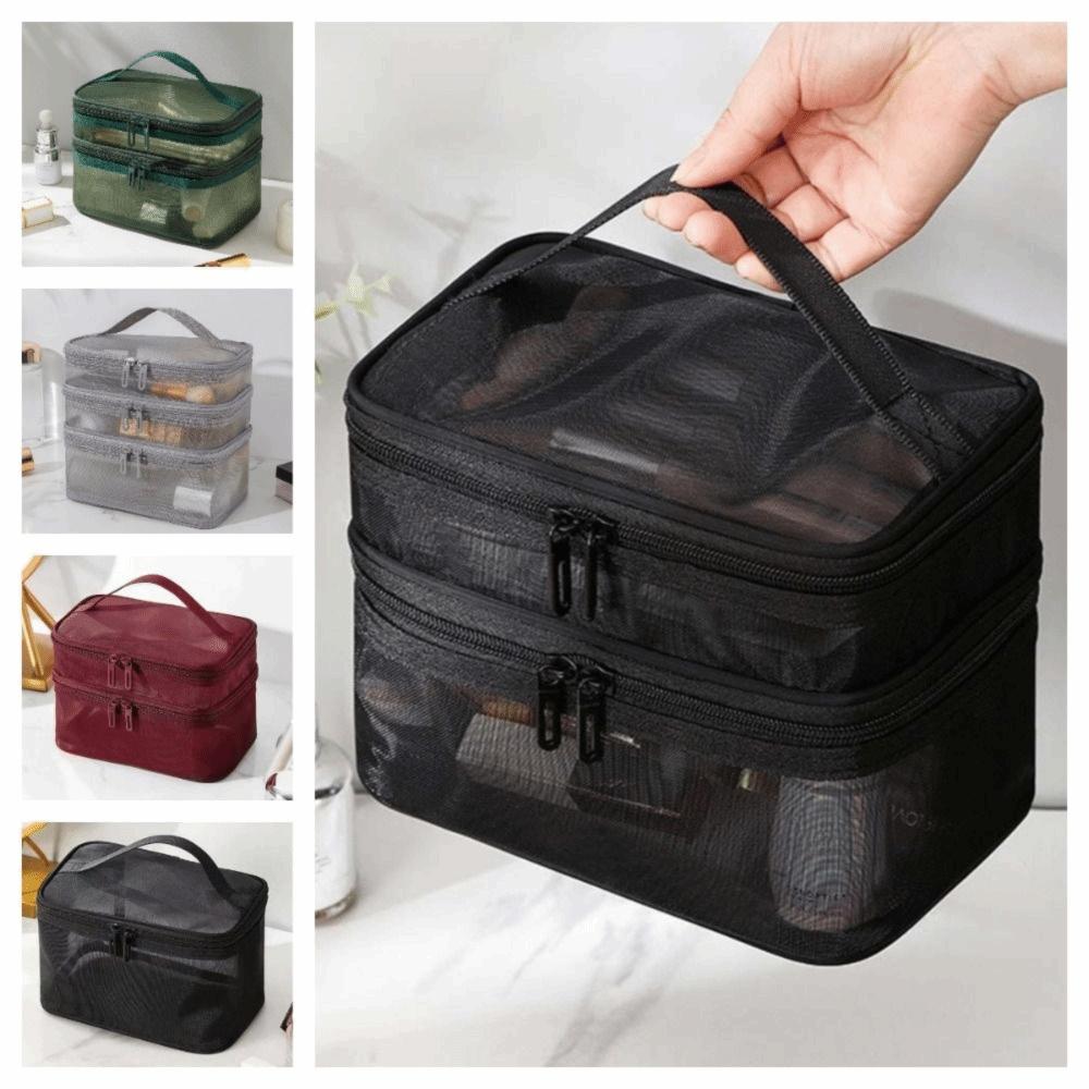Zipper Mesh Cosmetic Bags Transparent Perspective Makeup Bag Double-layer Storage Bag  Travel