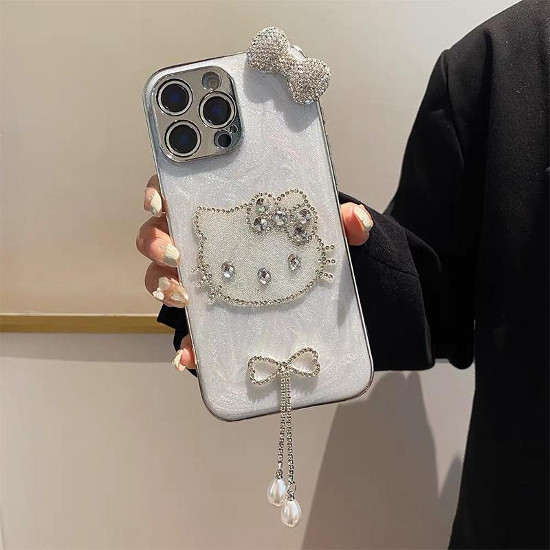 Glitter Kt Cat For Apple 16Promax Mobile Phone Case Iphone17Pro Bow Tassel 14 Rhinestone 15