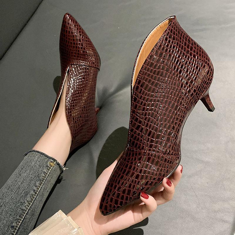 Fashion FHC New V Shape vamp High Heels Naked Boots Woman,Women's Snake PU Leather Shoes,Pointed toe,Ankle Botas,Black,BLUE,Dropship