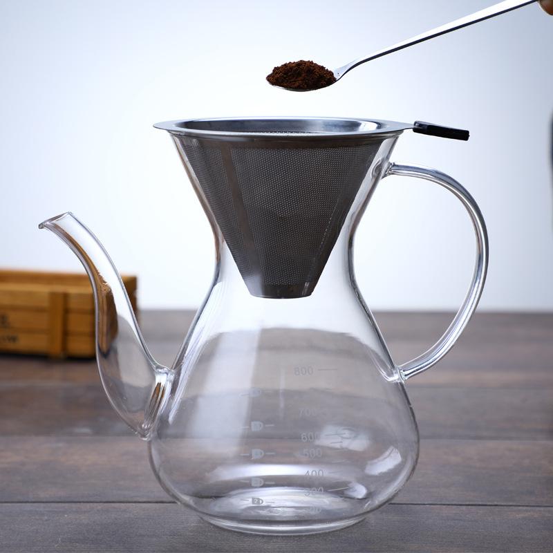 Baifenbai Home Furnishing Glass Coffee Pot 800Ml Long Mouth Coffee Sharing Pot Large Capacity Filter 304 Stainless Steel