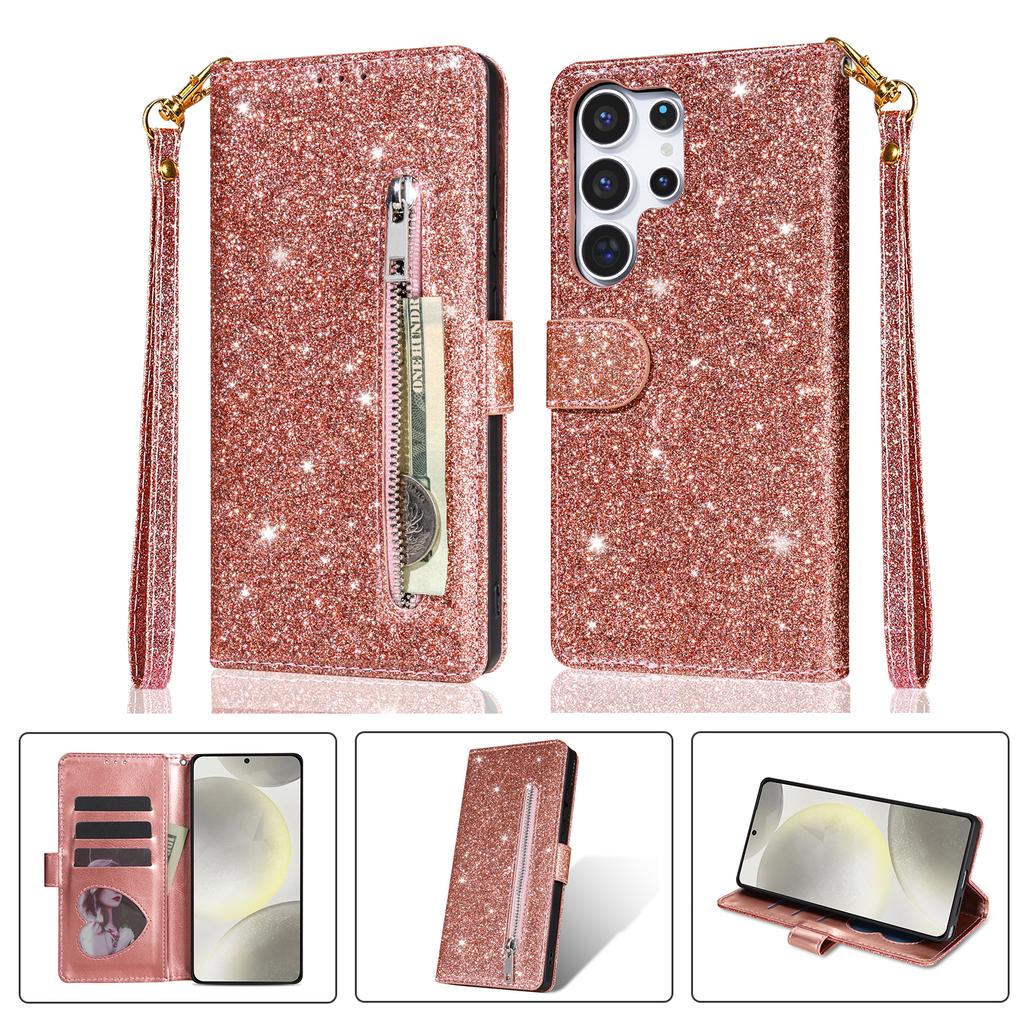 Zipper Cute Glittering Wallet Cards Solt Phone Case For Samsung S26 Ultra S25 Plus S24 S23 A36 A56 Flip Strong Magnetic Cover