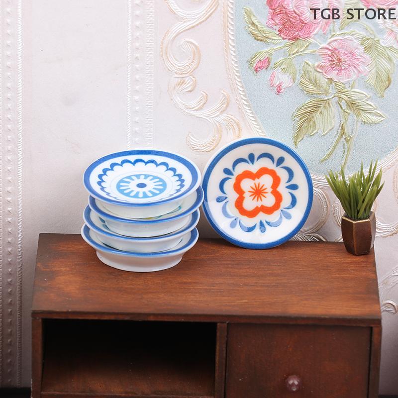 5Pcs 1:12 Simulation White Blue Porcelain Plates Kitchen Decoration Dollhouse Accessories Pretend Play Toy