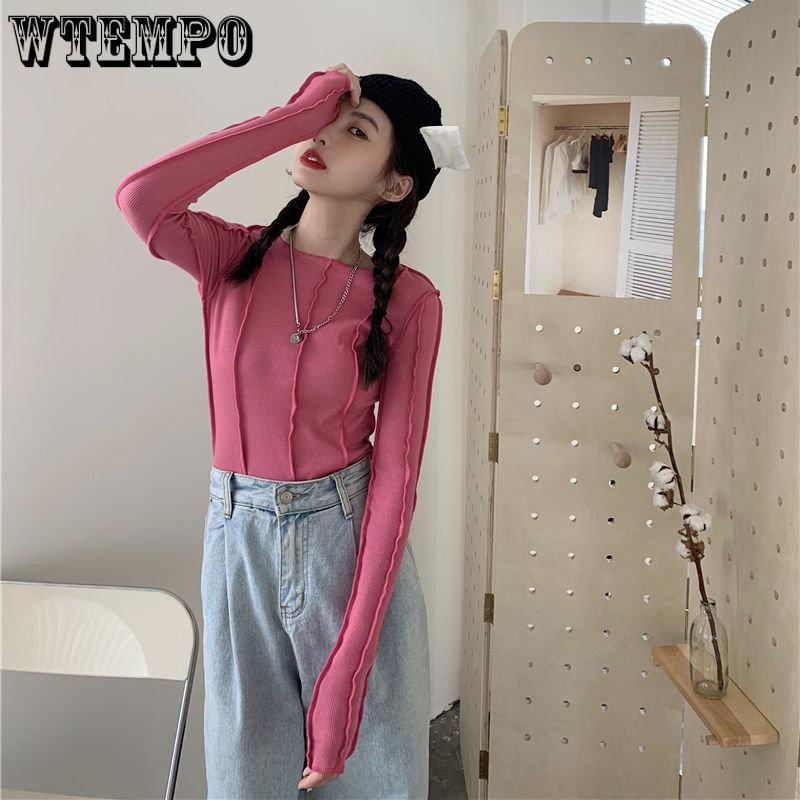WTEMPO Tricouri cu mânecă lungă cu decolteu O Femei Subțire Rhodo Blue Chic Streetwear Femei Cool Coreeană de primăvară Casual Tops