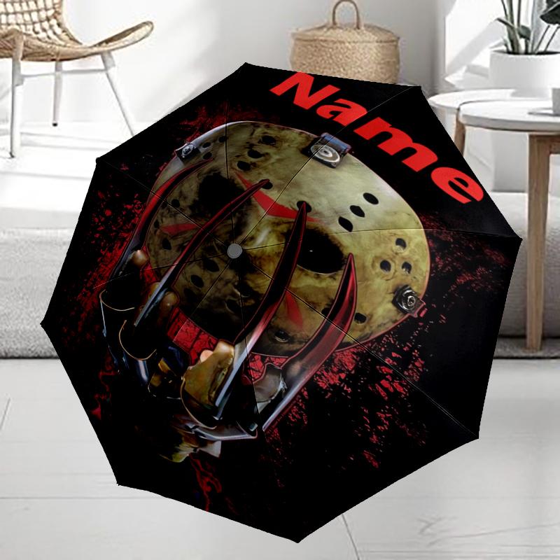 Custom Name Friday the 13th Theme Automatic Umbrella, Lightweight & Portable, 8 Rib, Perfect for Outdoor Travel, Birthdays, Christmas, Gifts.