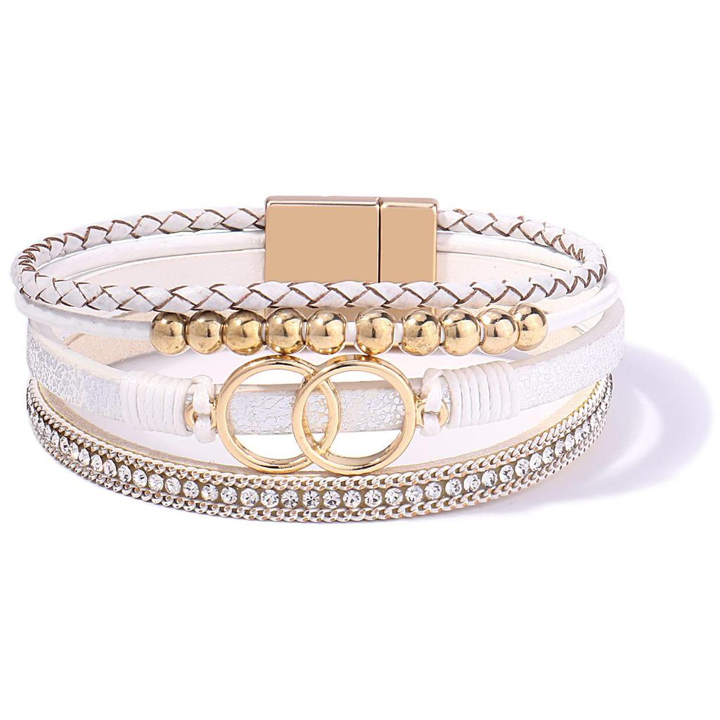Damen Handgefertigtes Geflochtenes Lederarmband mit Doppelring Magnetverschluss und Strasssteinen