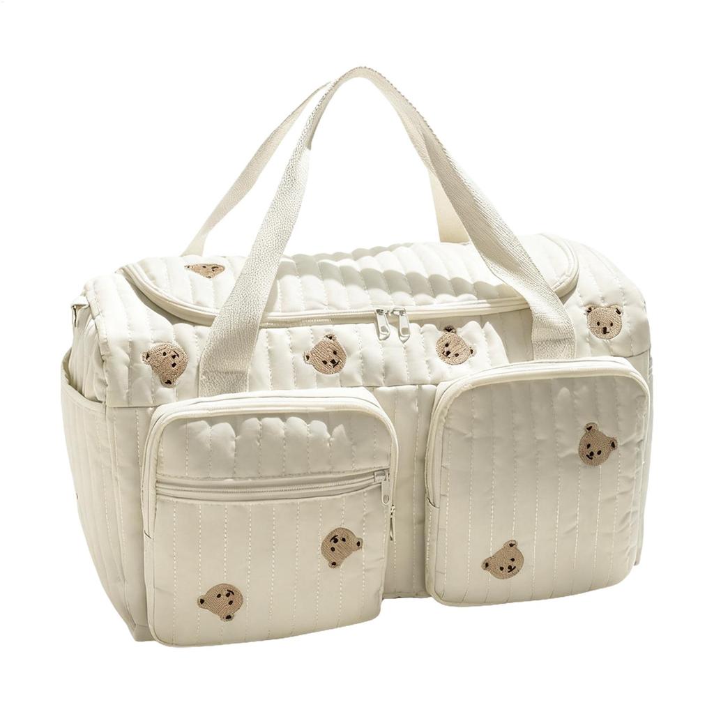 Baby Diaper Bag Cartoon Bear Mummy Shoulder Bag Quilted Stroller Diaper Storage Bag Large Handbag With Straps For Weekend Travel