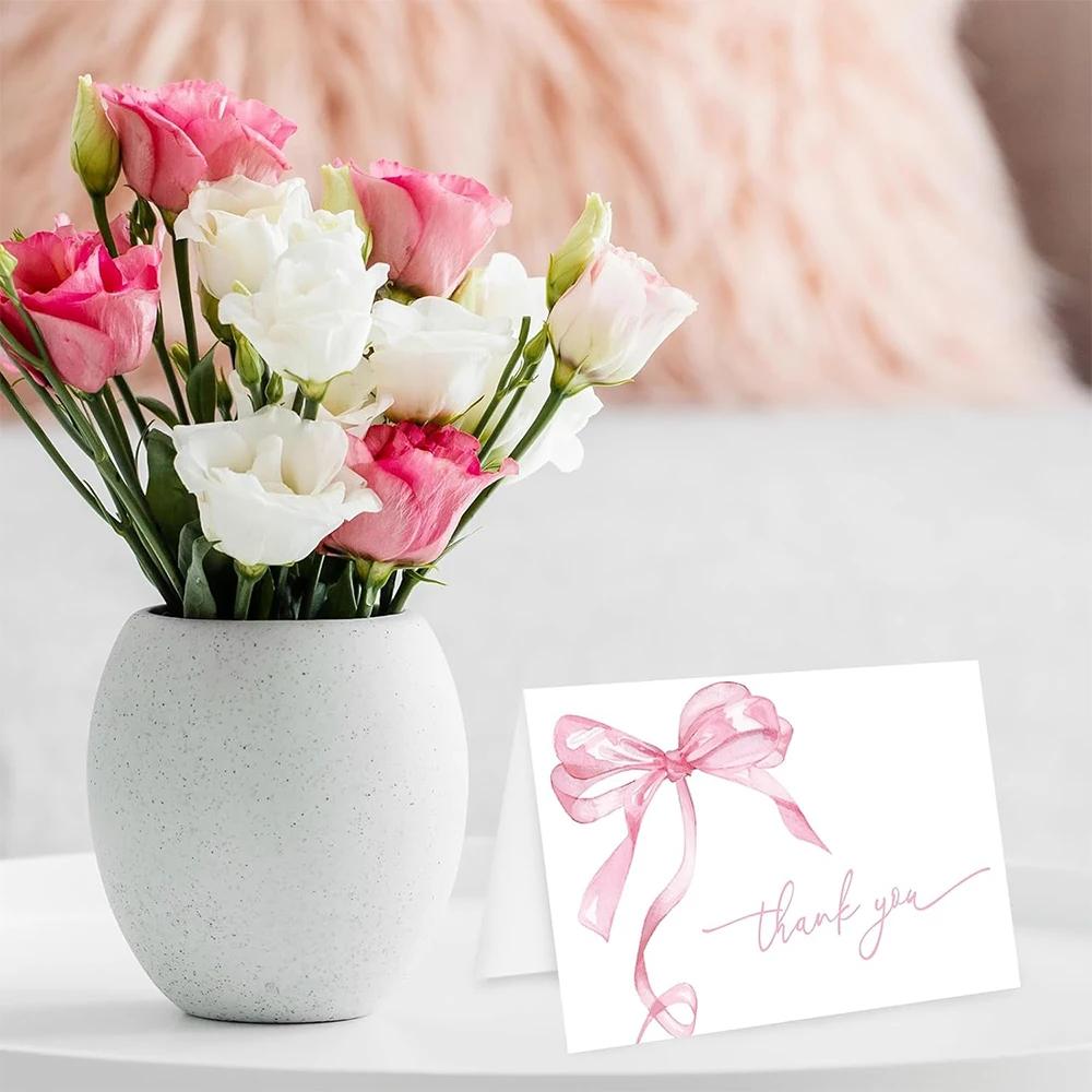 Runtow 10pcs Pink Bow Thank You Cards ,Wedding Greeting Cards with Envelopes ,Birthday Party Invitation Card