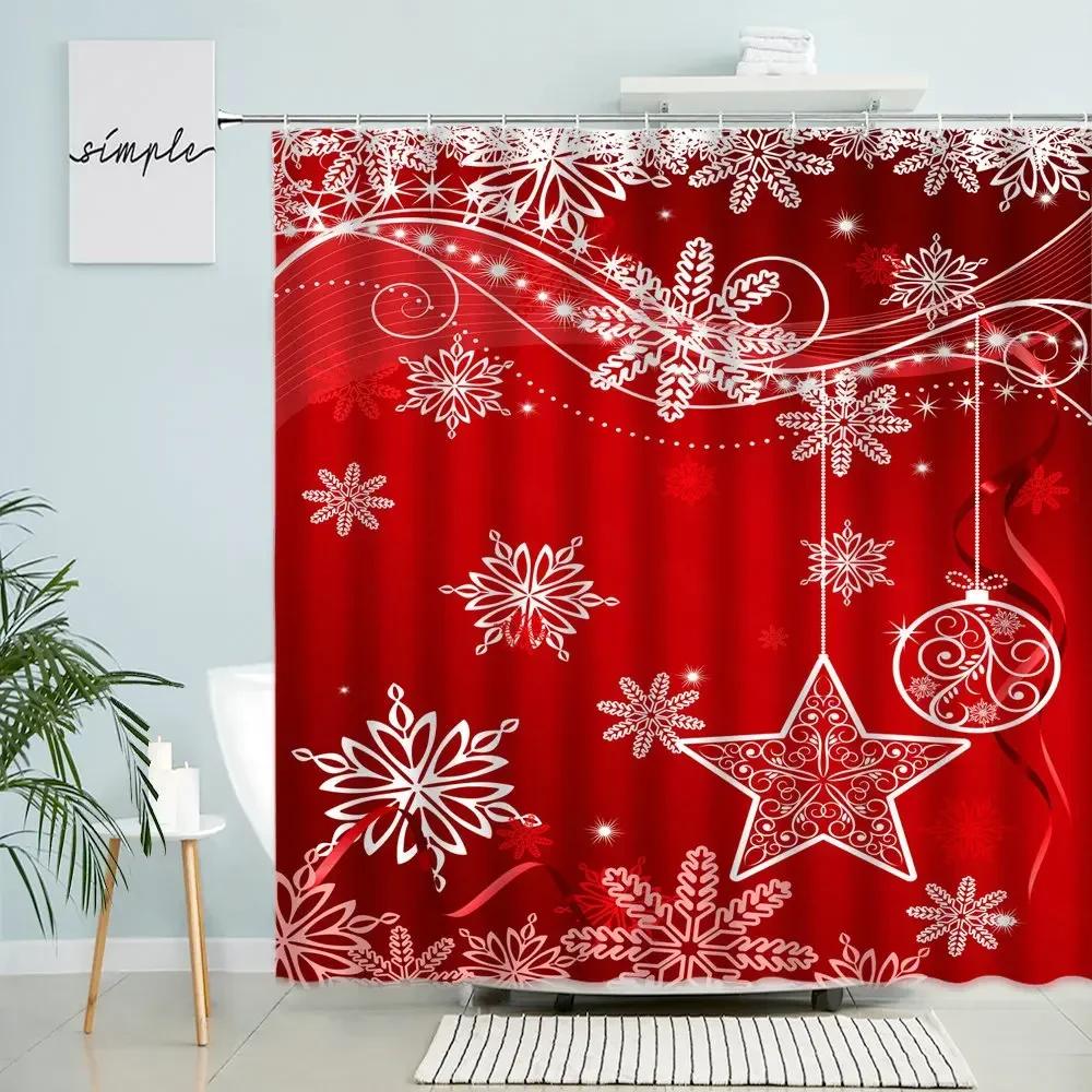 Merry Christmas Shower Curtain Christmas Tree Xmas Ball Red Background Party Bathroom Wall Decor With Hooks Waterproof Screen