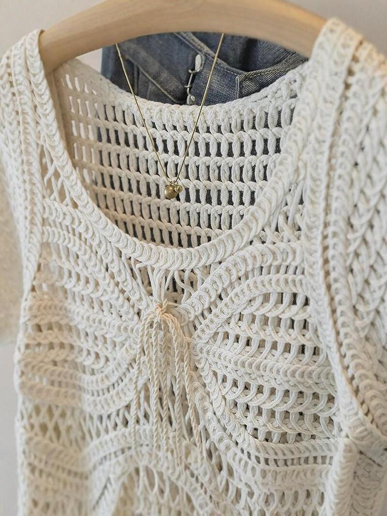 Spring French Crochet Knit Cardigan - Stylish, Comfortable & Versatile Round Neck Cover-up