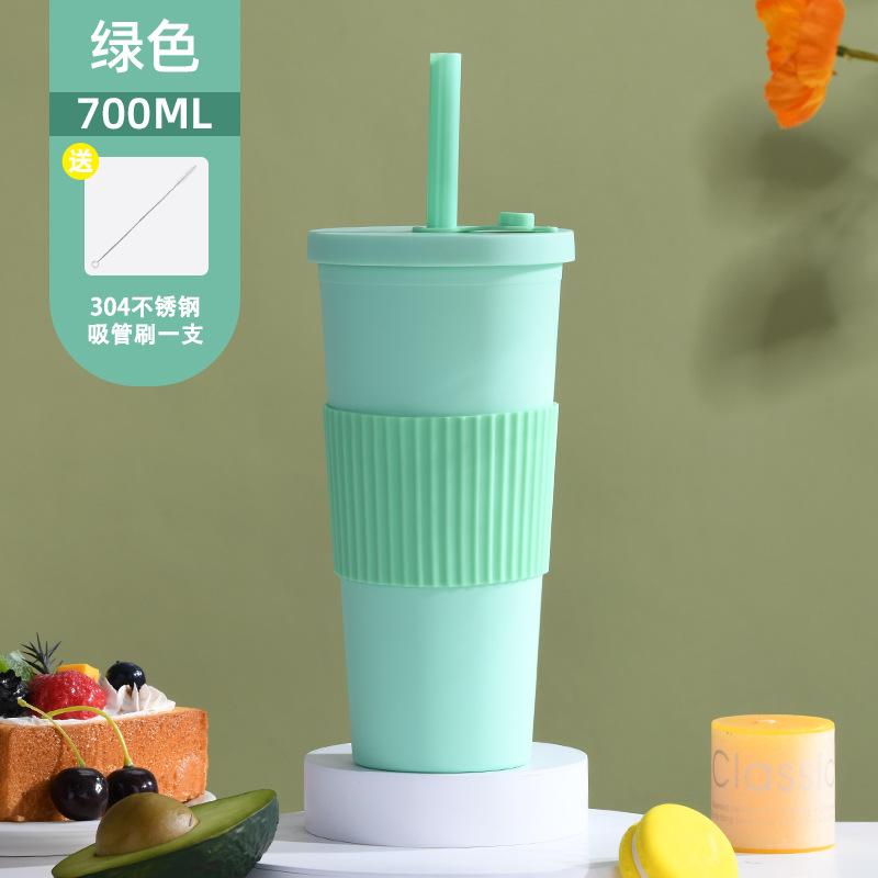 

Пластиковый стакан большой вместимости с двумя слоями, соломинкой с большим отверстием, стакан для молочного чая с жемчугом боба, с пояском, портативный стакан для воды с соломинкой 700ml зелёный