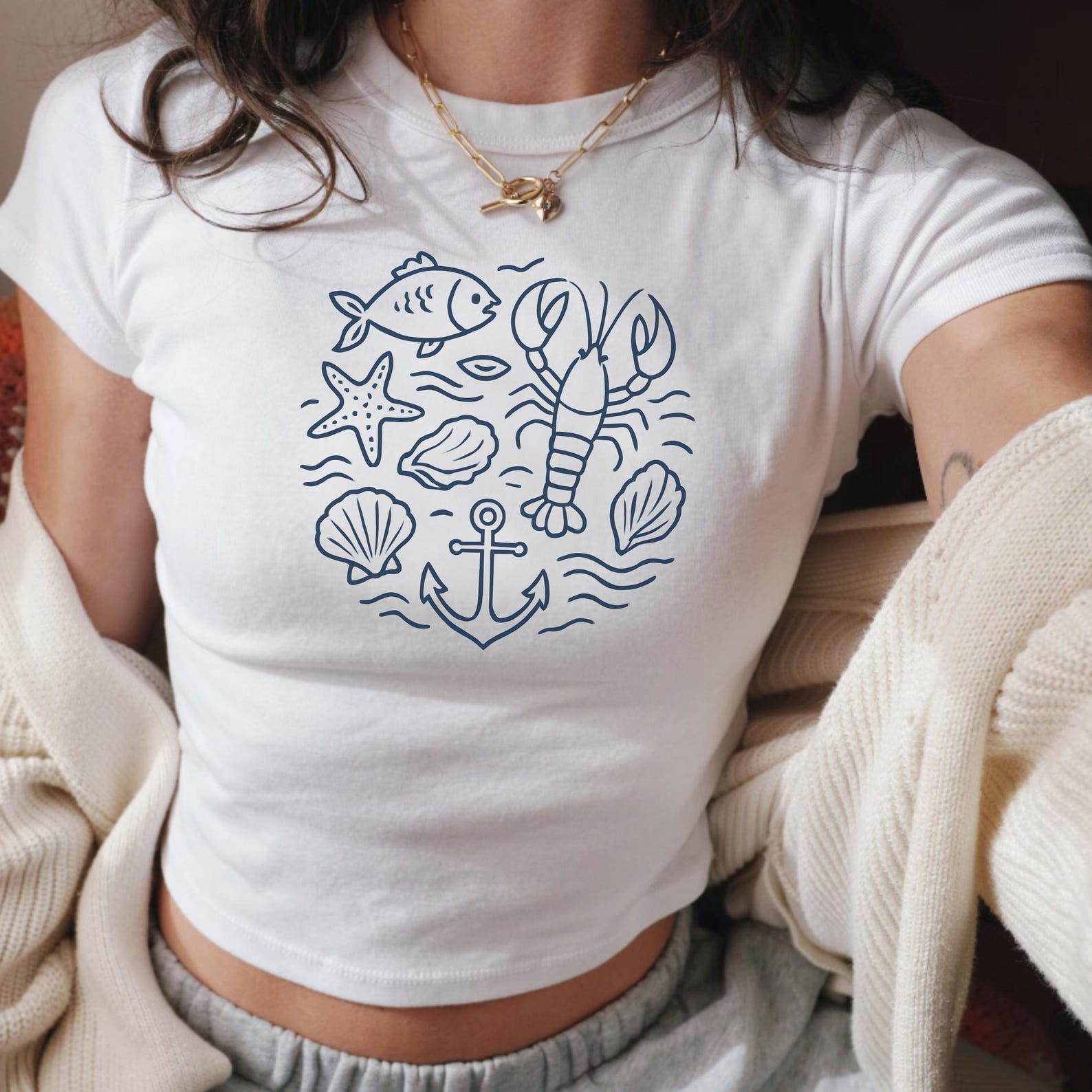 90s Sea Animals Baby Tee: Vintage Y2K Ocean Life Crop Top S