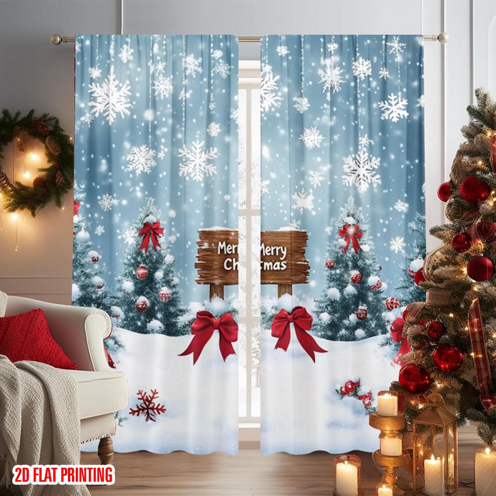 2ks 2D plochý tisk Veselé Vánoce Párty Závěsy Vánoční sněhová lesní scéna Odolný Polyester Bez Elektřiny Párty