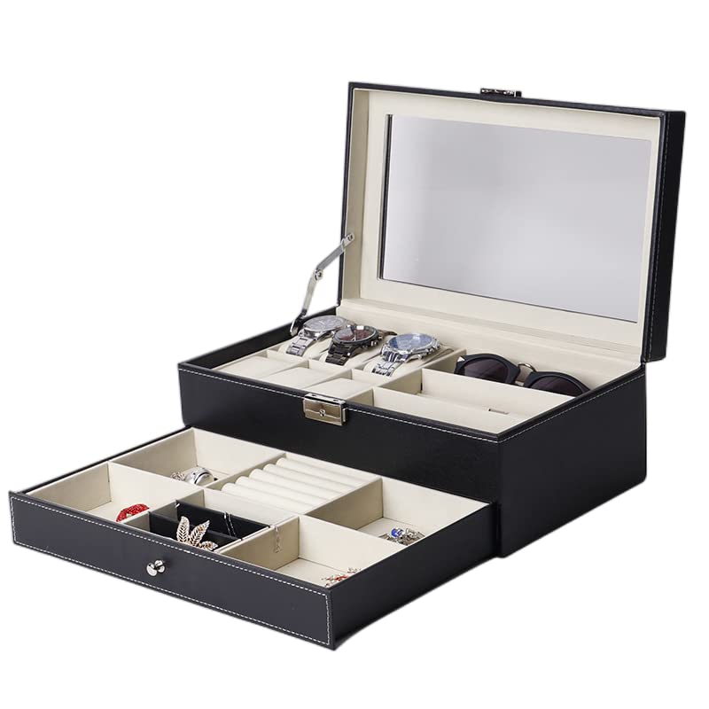Ansimple And Accessories Storage PU Leather Collection Case 6 3 and Watch, Glasses, Sunglasses, Case, 2-Tier (Holds Watches, Glasses, Accessories)