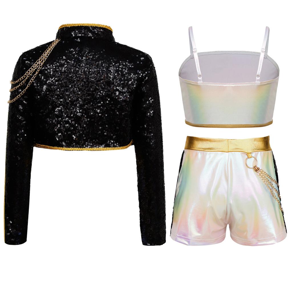 Kids Demon Singer Leader 3 Piece Dance Set Sequins Jacket Crop Top with Shorts Stage Performance Outfit