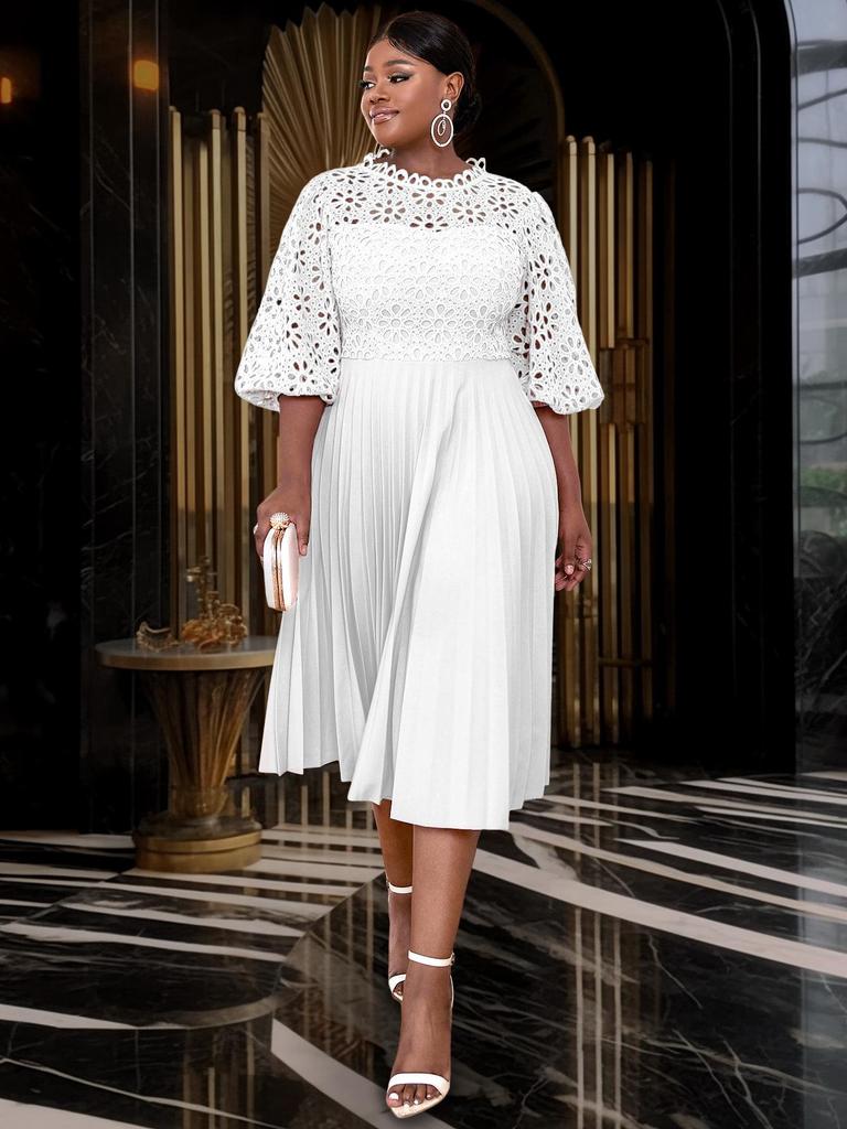 Plus Size Lace Lantern Sleeve Dress with Pleated Skirt - Christmas Gift