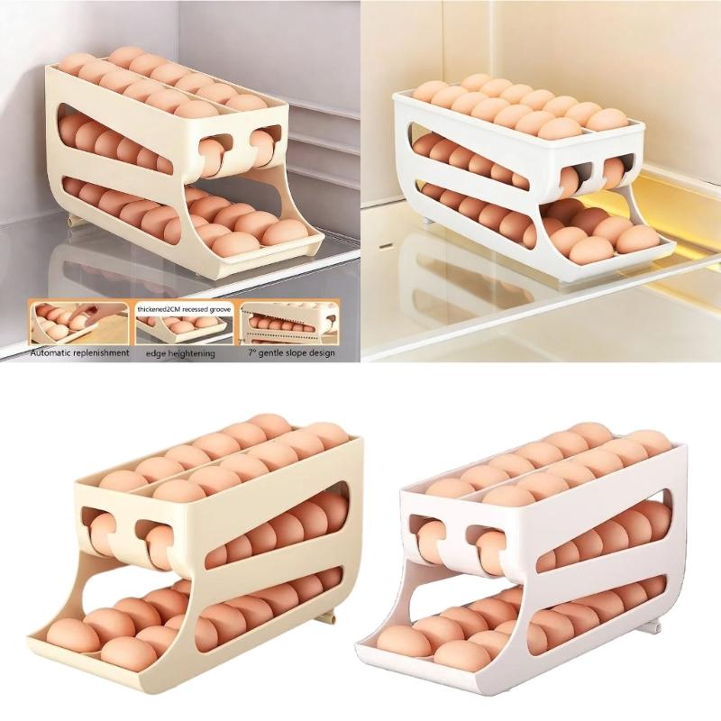 Double Layer Rolling Eggs Storage Container For Fridge With Automatic Slide Out Designs And Protective Eggs Trays