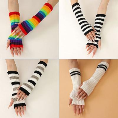 1Pair Warm Half Finger Gloves Striped Arm Sleeve New Arm Warmer  Autumn