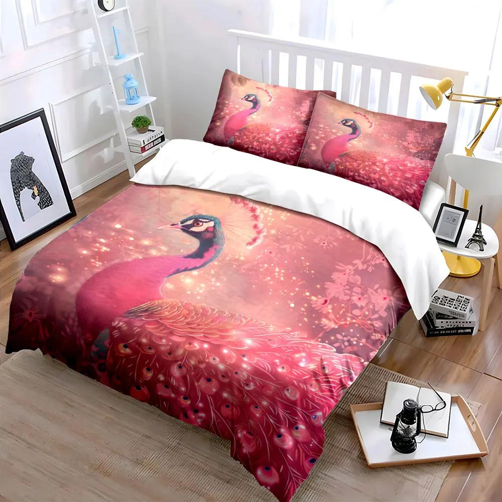 Pink Elegant Peacock Artwork Set Soft Comfortable Duvet Cover Bedding Set Included 1*Duvet Cover & 2*Pillowcases gift
