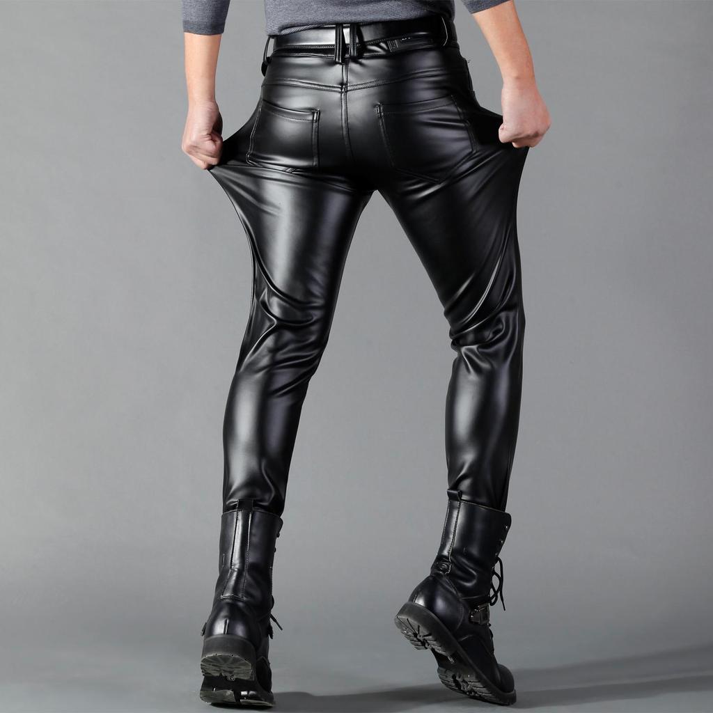 Men's Leather Pants Skinny Fit Elastic Fashion PU Leather Biker's Trousers Nightclub Party Dance Pants Thin