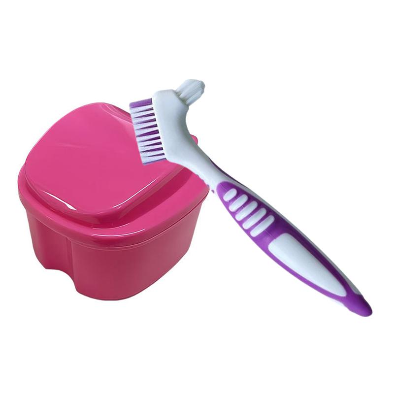 Travel Double Layer Denture Storage Box With Cleaning Brush Oral Care Container Non Slip Handle Denture Toothbrush