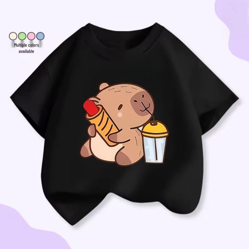 Unisex Kids’ Cute Capybara Milk Tea Cartoon T-Shirt - Loose Summer Casual Short Sleeve Top