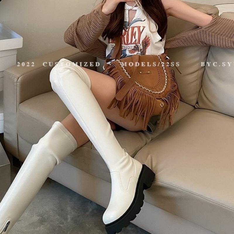 Leather thick-soled elastic over-the-knee boots autumn and winter square head boots women's boots