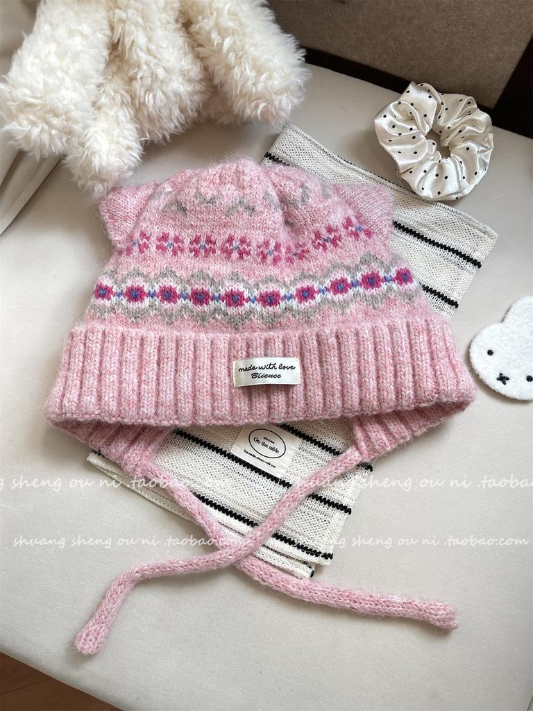 Cute cat ears Fair Island wool hat women's winter plush warm hat headband hat knitted hat shows a small trend