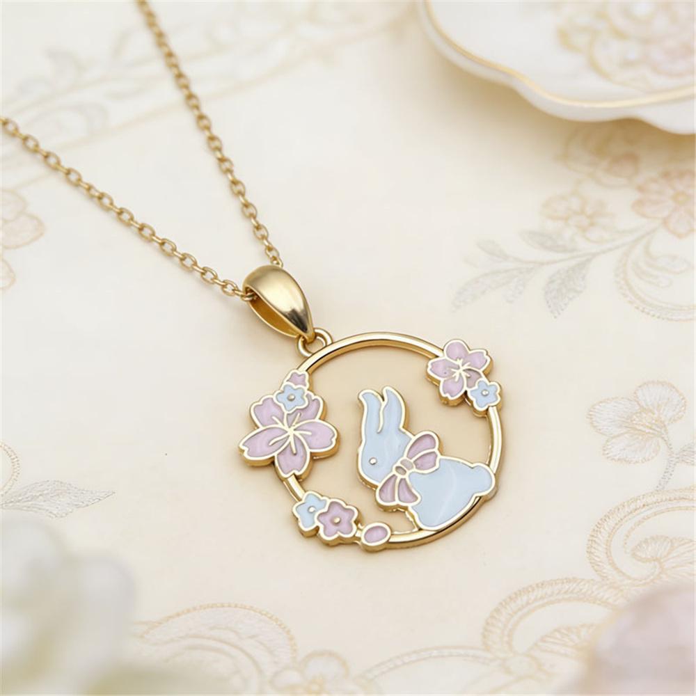 Cute Animal Female White Pink Blue Black Enamel Skeleton Flower Rabbit Pendant Necklace Gold Color Wedding Jewelry For Women