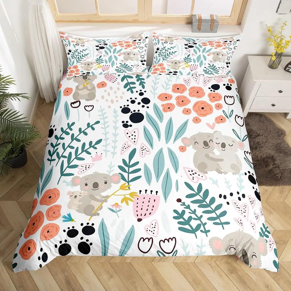 Housse de couette koala mignon dessin animé femmes enfants filles adolescents cadeaux chauds décoration de chambre fleurs roses thème animal dessin animé literie Queen King