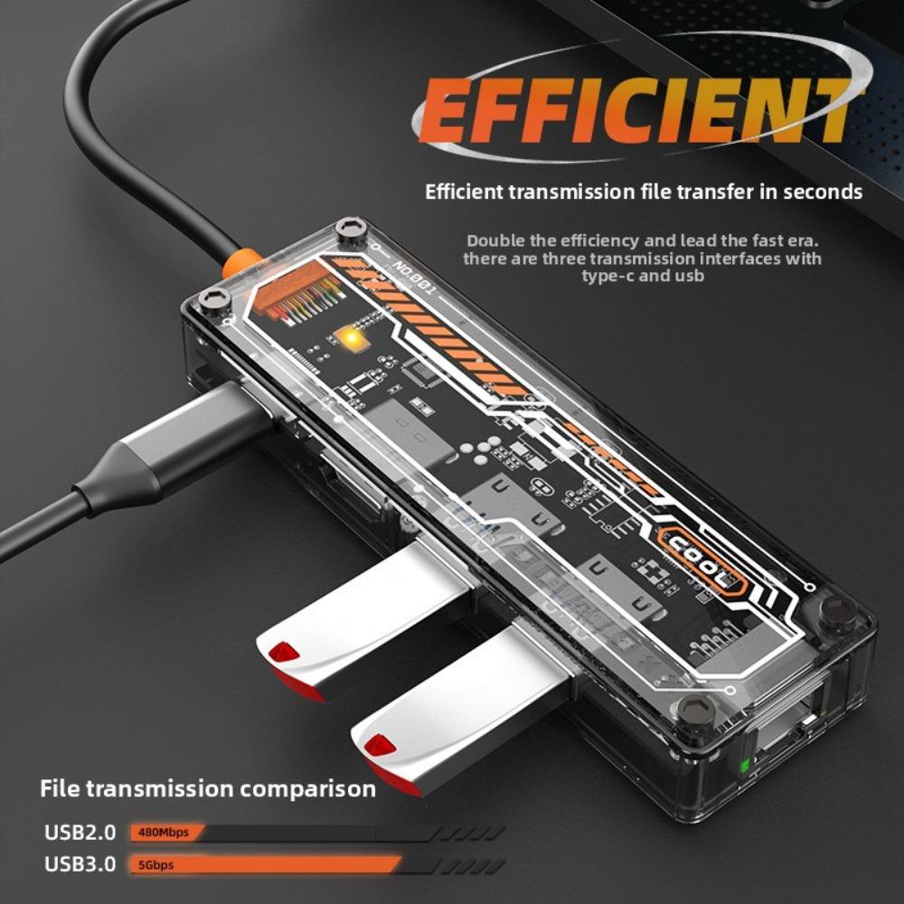 5 in 1 Type C Docking Station Transparent Design USB Hub with RJ45 100Mbps Ethernet Adapter