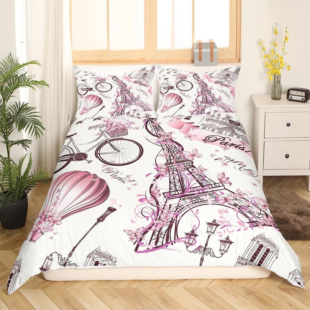 Eiffel Tower Couple Duvet Cover Set Twin Size Romantic Theme Decor Adult Women Couple Bedding Set Paris Cityscape Printed Comforter Cover Wi