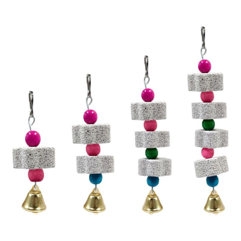 Parrot Teeth Grinding Hanging Toy Mineral Stone Wood Birdcage Accessories with Loud Bell for Small and Medium Birds