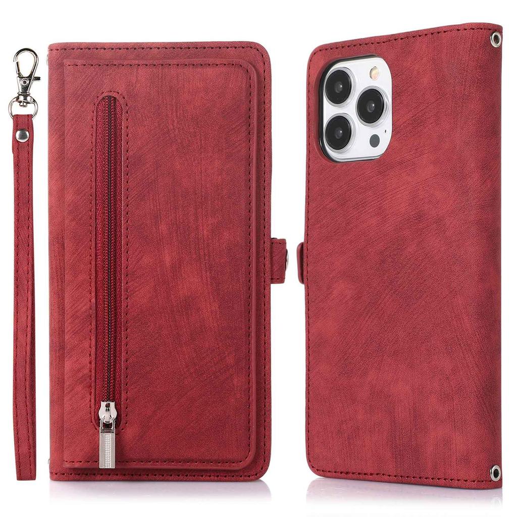 For iPhone 15 Pro Case Zipper Pocket 9 Card Slots PU Leather Phone Cover with Wrist Strap