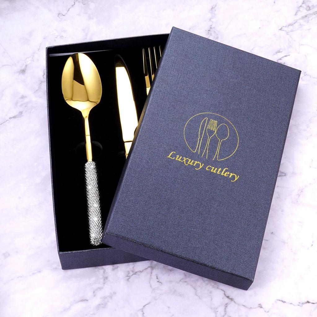 Luxury Cutlery With Rhinestone Handle Stainless Steel Knife Fork Spoon Tableware Flatware Set Festival Kitchen Dinnerware Gift
