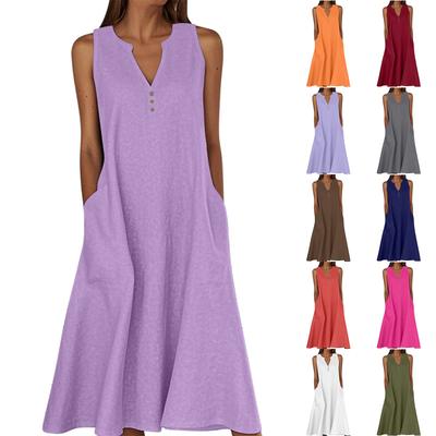 Women's Summer Casual V-neck Button Solid Color Sleeveless Long Dress With Pockets