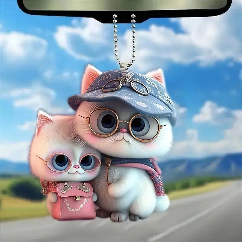 Acrylic Flat Surface Couple Cat Car Pendant With Hat Cute Decor For Auto Interior Enthusiasts