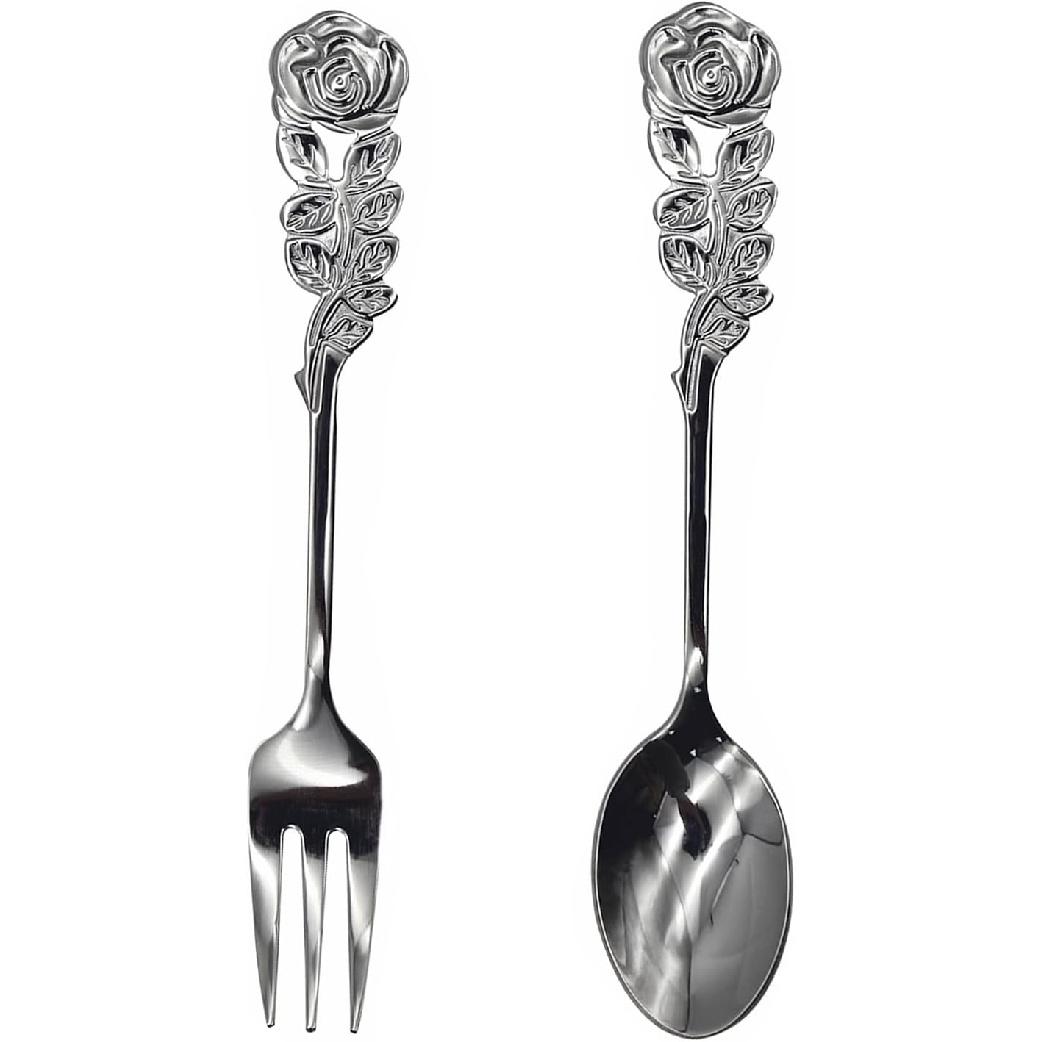 2Pcs Rose Handle Spoon Fork Set 4.72 inch 18/10(304) Stainless Steel Flatware for Coffee Tea Dessert Ice Cream Salad Appetizer