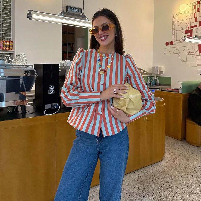 Za Autumn New Women's Clothing Zr European and American Style Foreign Trade Fashion Versatile Round Neck Long Sleeve Single-Breasted Striped Top