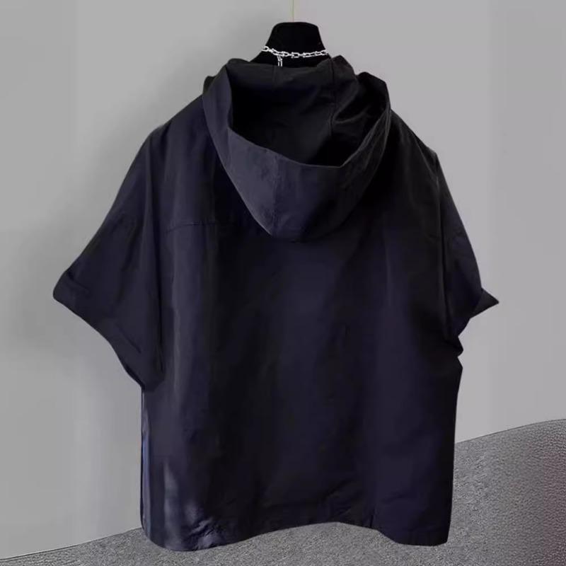 Men Zipper Design Hooded Short Sleeve T Shirt Loose Casual Workwear Big Pocket