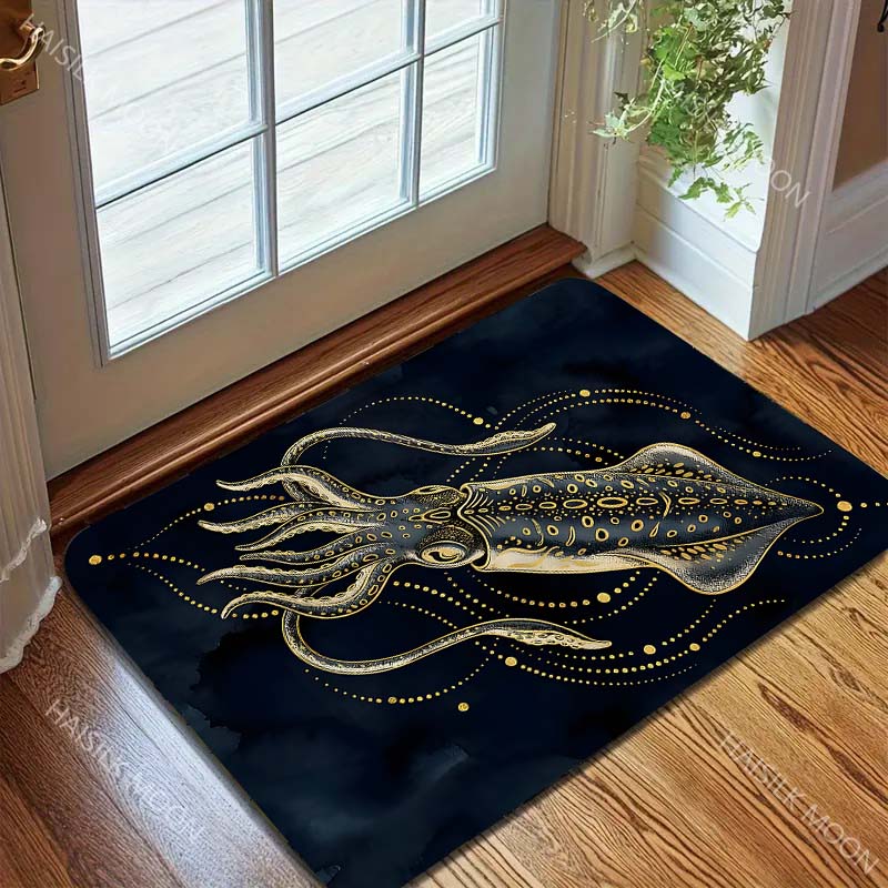 1PC Squid Illustration with Gold Patterns Carpet for Living Room Bedroom Sofa Home Decor Rug Non-slip Floor Mat Luxury Gift